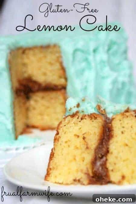 Image shows a lemon cake with a piece cut out, and text that reads 'Gluten-Free Lemon Cake'