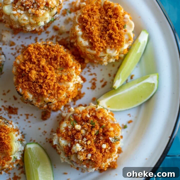 The elote cut into wheels on a white plate.