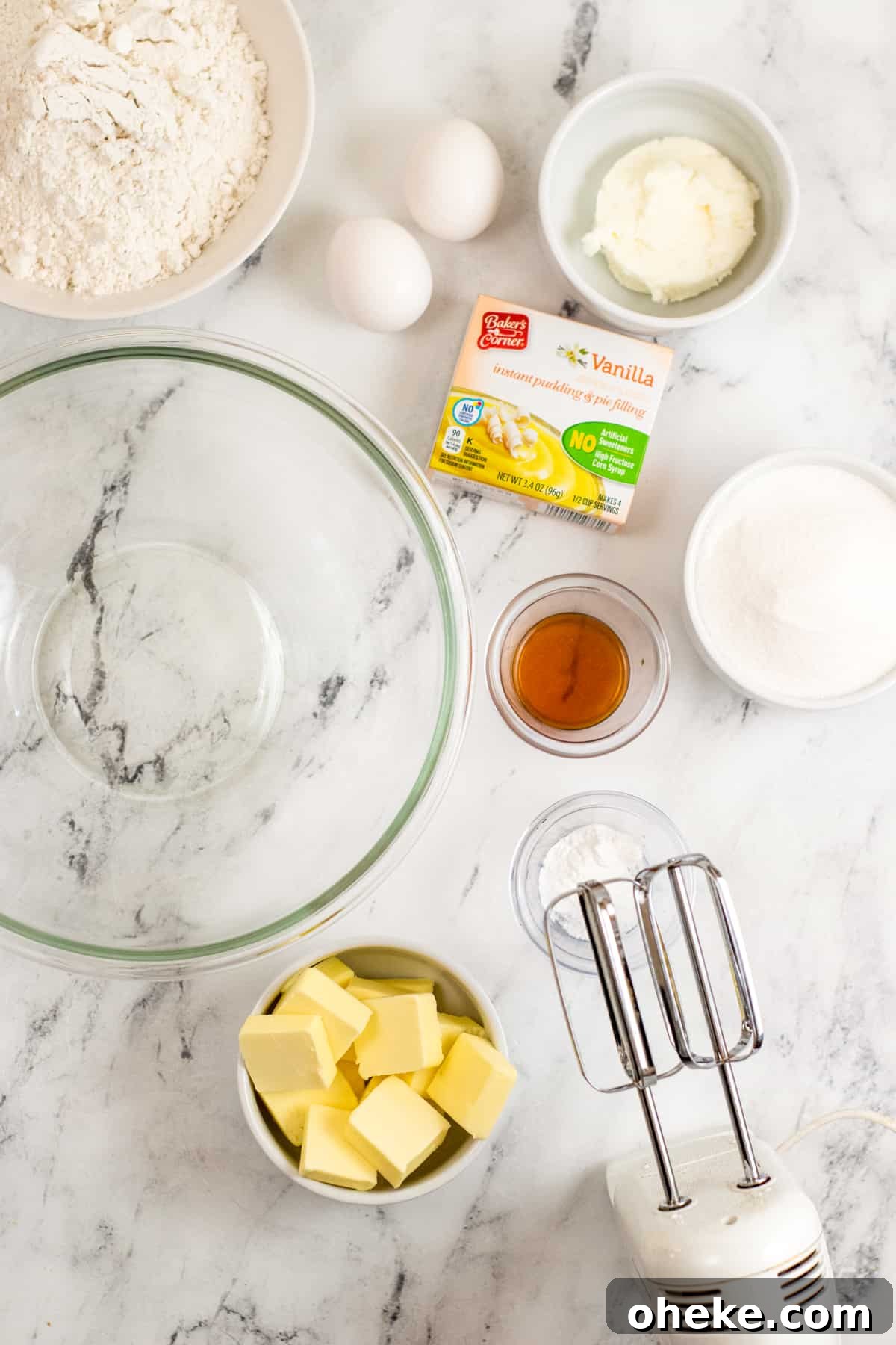 One Cookie Dough, Four Delicious Desserts You Can Make Now 4 Glass mixing bowl, hand mixer, butter, flour, sugar, shortening, vanilla pudding, 2 eggs, vanilla extract, baking powder, and salt