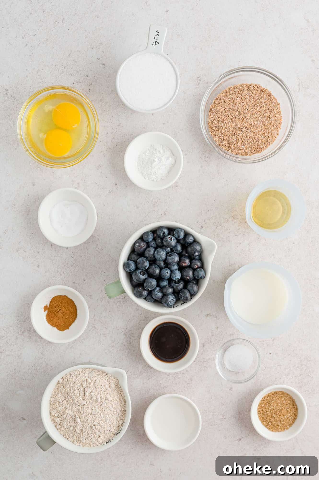 Moist Blueberry Bran Muffins with Honey and Cinnamon 2 Ingredients needed for recipe, including blueberries and wheat bran.