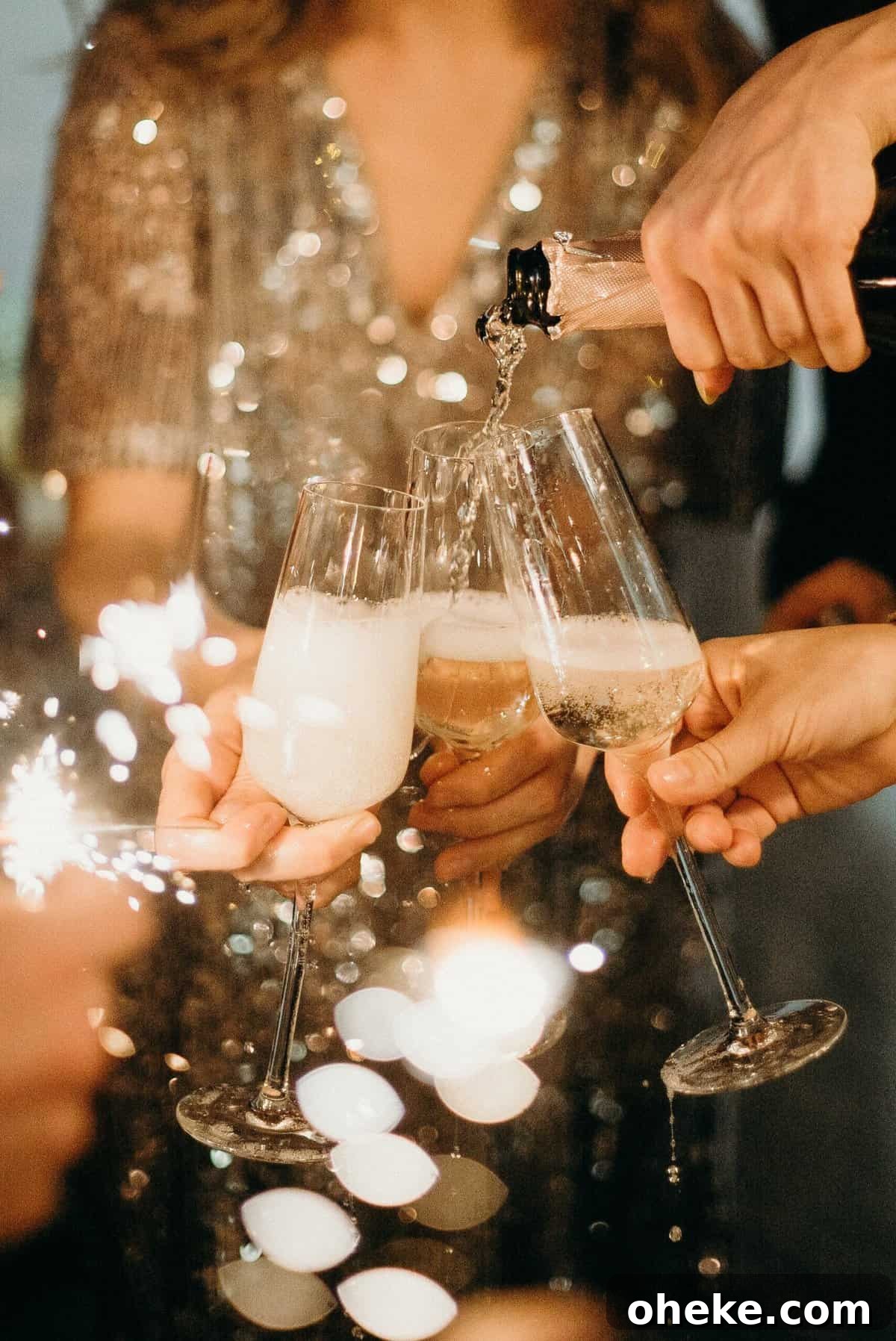 Non Alcoholic Champagne in glasses and hands doing cheers