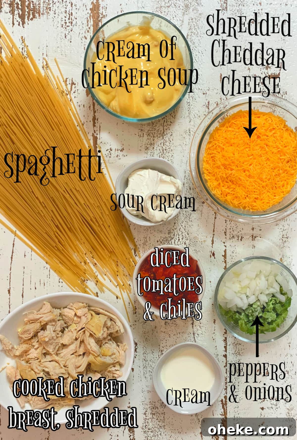 Southern Chicken Spaghetti with RoTel: Cheesy Tex-Mex Casserole 3 Labeled ingredients for chicken spaghetti.