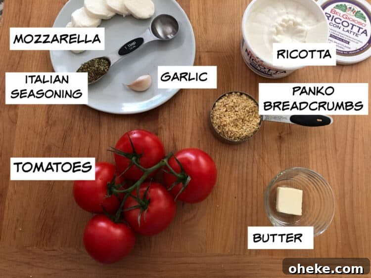 ingredients: tomatoes, mozzarella cheese, ricotta, panko, butter, garlic, italian seasoning