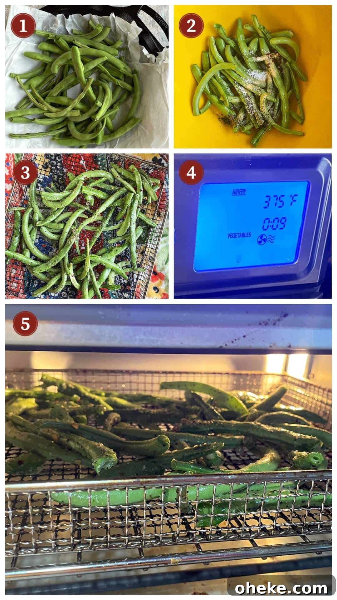 Crispy Garlic Air Fryer Green Beans_recipe 4 A collage of images showing how to cook green beans in an air fryer.