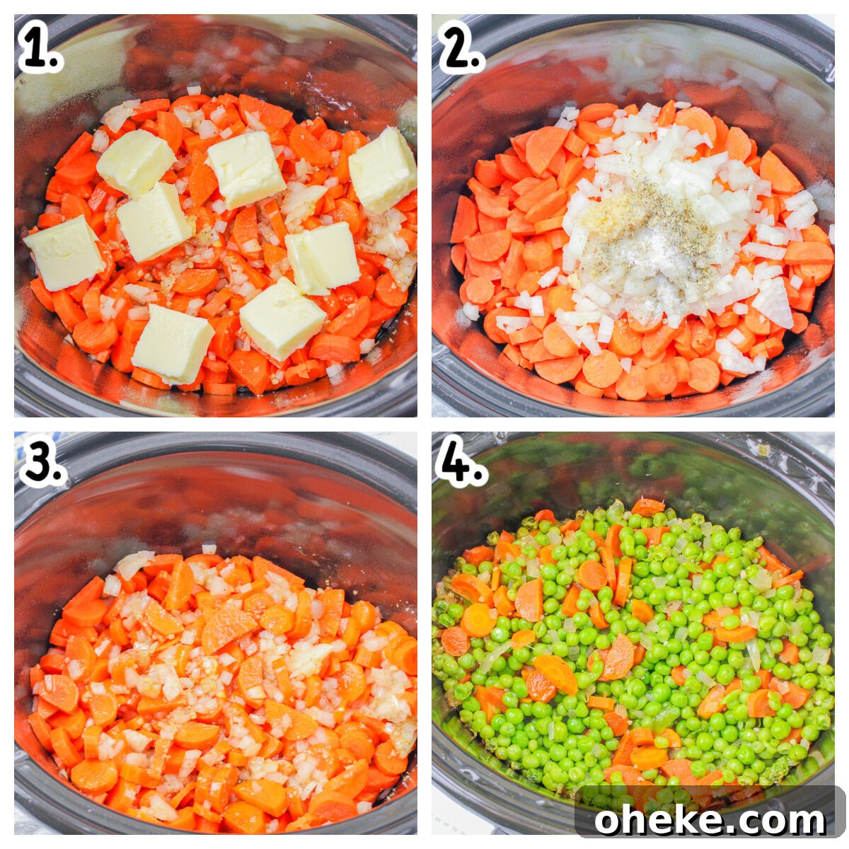 collage of peas and carrots, how to put in slow cooker
