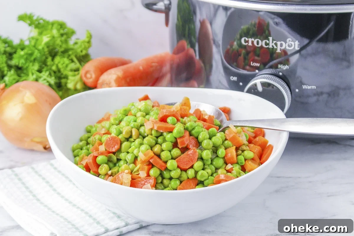 bowl of peas and carrots in front of slow cooker