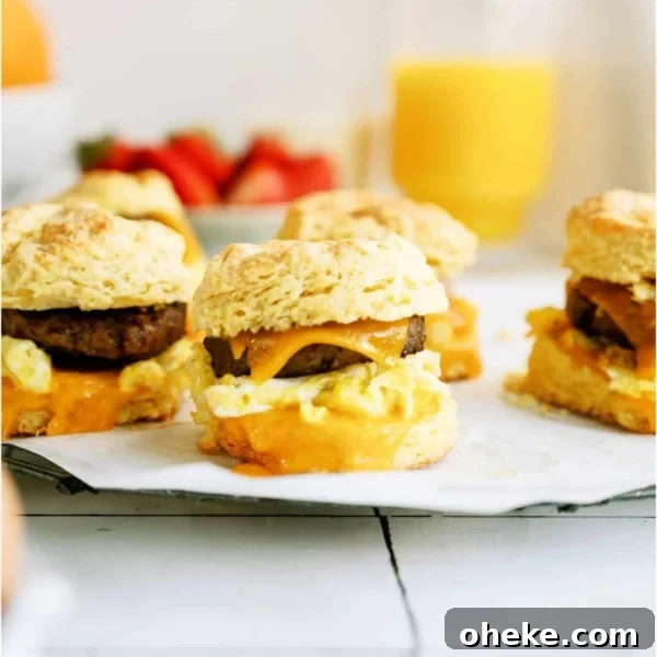 Breakfast sandwiches with sausage, egg, and cheese on biscuits, placed on parchment paper. In the background are a glass of orange juice and fresh strawberries.