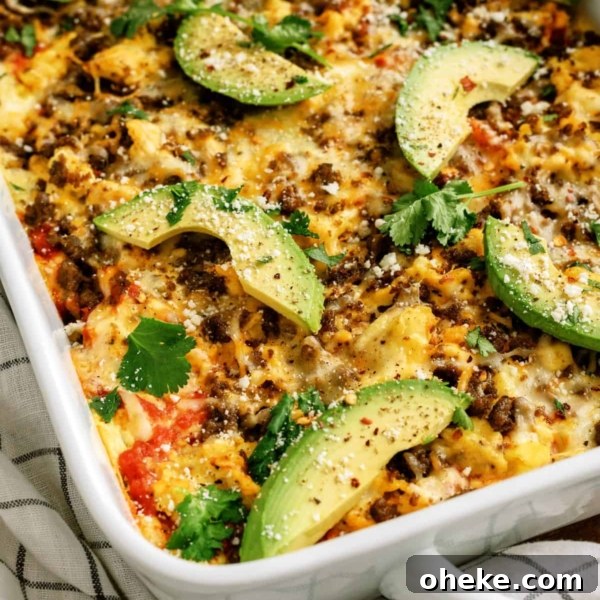 breakfast burrito casserole with avocado, cheese, and egg