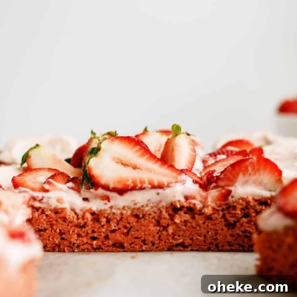 Side view of Frosted Strawberry Sheet Cake showing the cake layer.