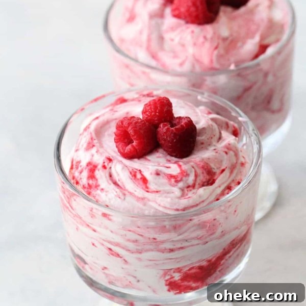 Two glass dessert cups filled with swirled raspberry mousse, each topped with three fresh raspberries.