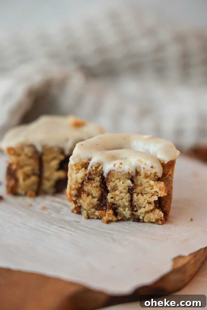 The inside of a mini paleo cinnamon roll.