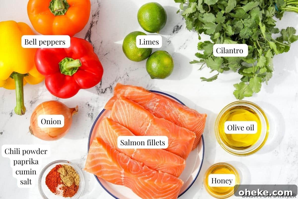 Zesty Cilantro-Lime Salmon Recipe for Quick Weeknight Dinners 3 The ingredients needed to make cilantro lime salmon: lime, cilantro, salmon, bell peppers.