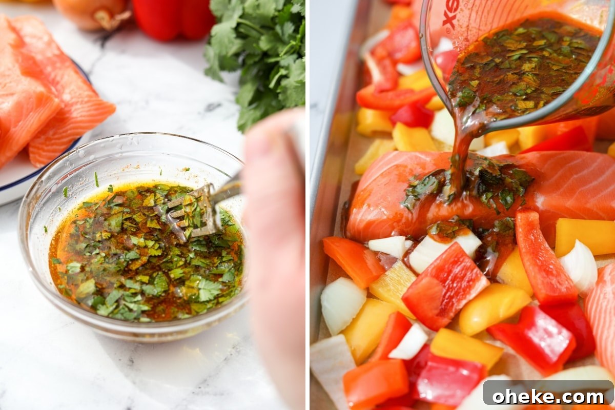 Zesty Cilantro-Lime Salmon Recipe for Quick Weeknight Dinners 5 Whisking together a marinade and pouring it over veggies.
