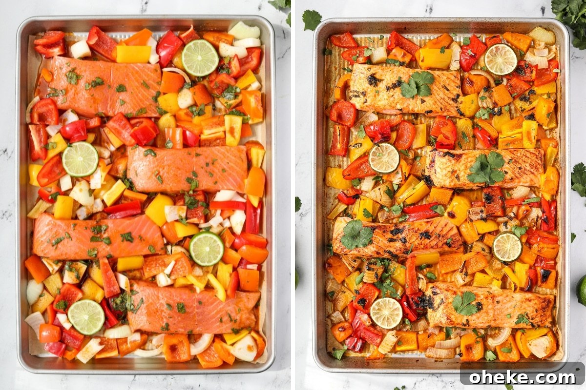 Zesty Cilantro-Lime Salmon Recipe for Quick Weeknight Dinners 6 Sheet pans filled with salmon, peppers, and lime slices.