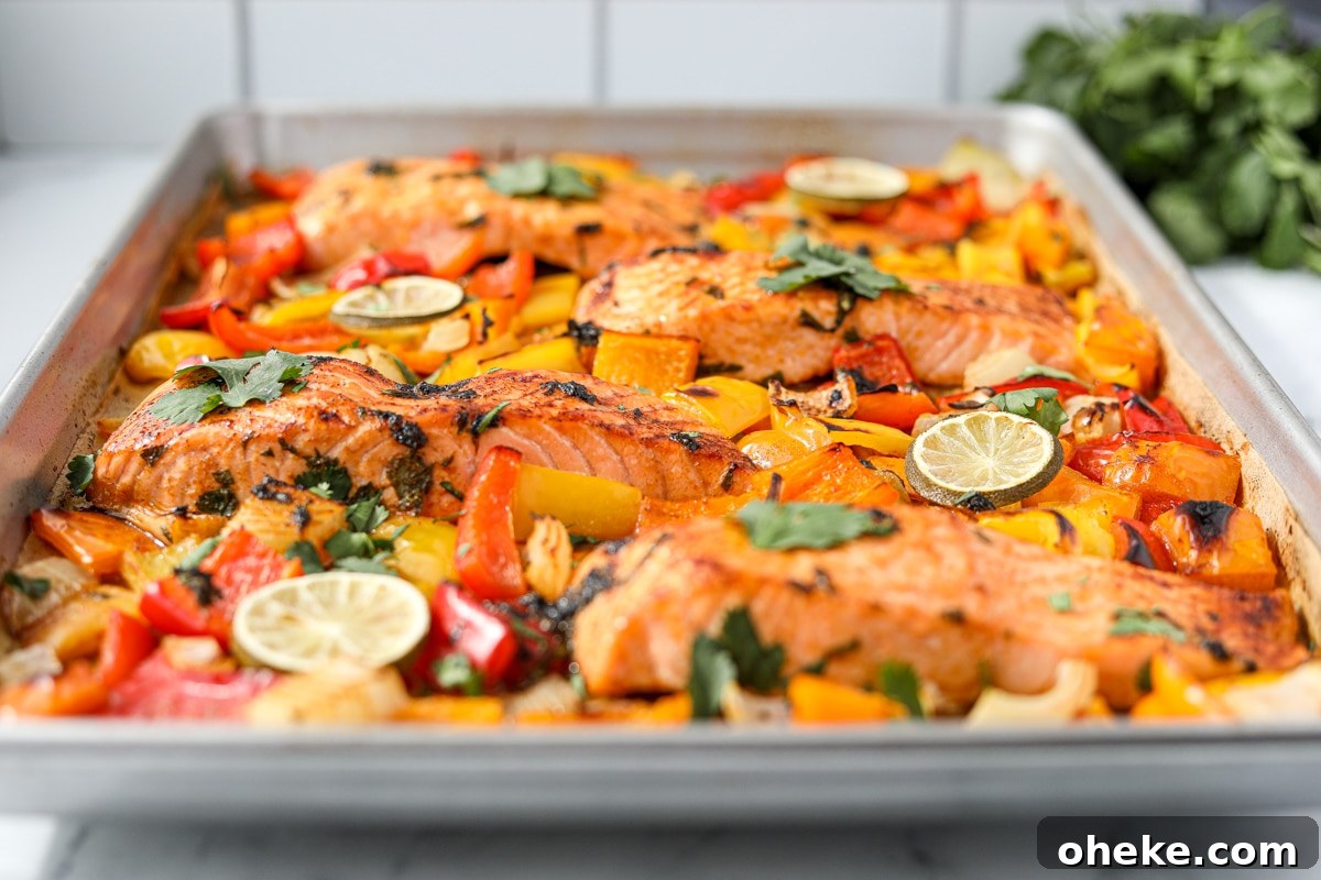 Zesty Cilantro-Lime Salmon Recipe for Quick Weeknight Dinners 9 A sheet pan filled with veggies.