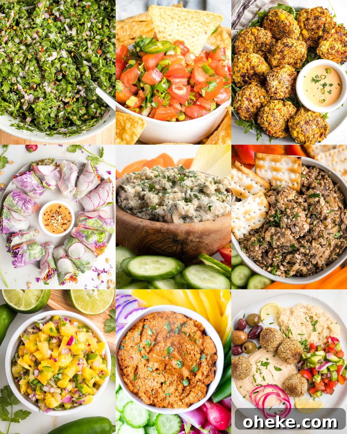 Colorful photo collage with healthy appetizer recipe photos including mango salsa, spring rolls, dips, artichoke crab cakes and mediterranean dips. 