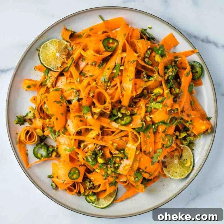 Ribbons of carrots, sprinkled with sliced jalapenos, chopped parsley and pistachios.