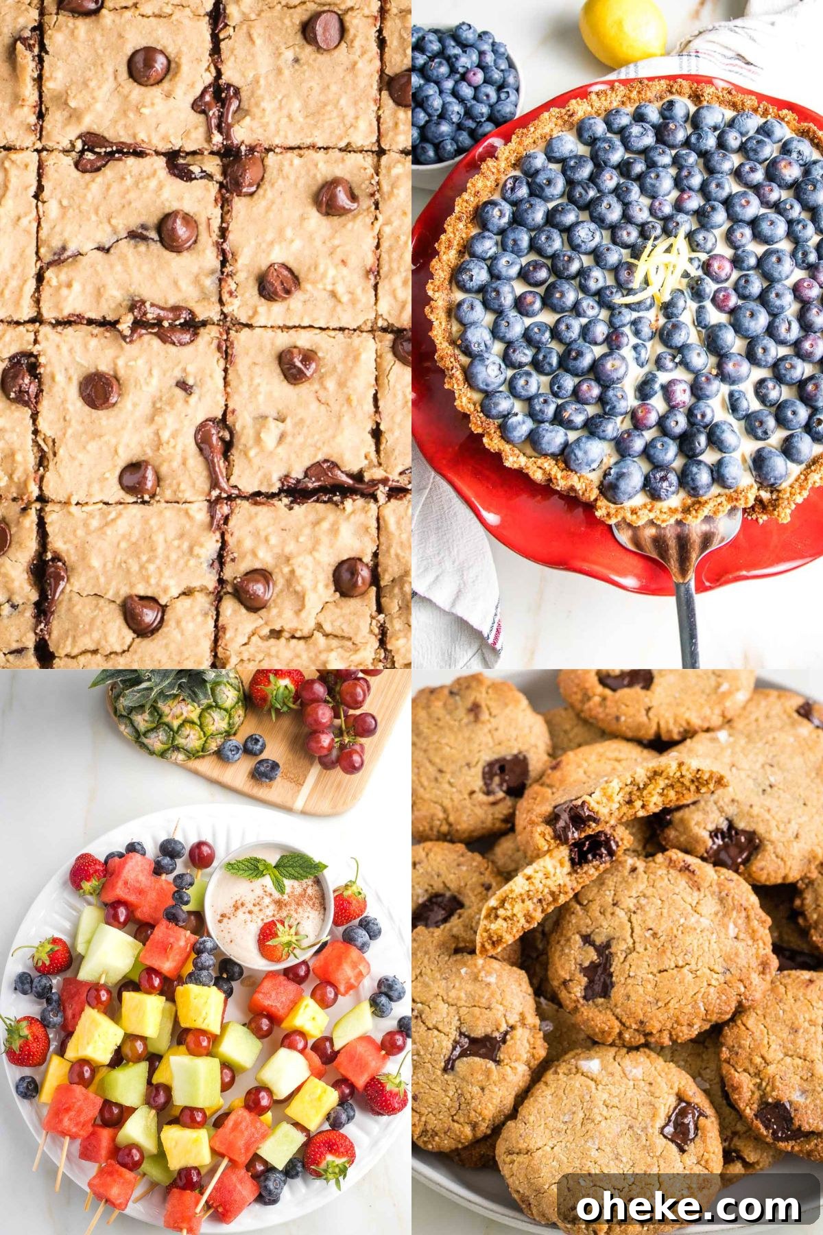 Collage with blondies, blueberry tart, fruit kebobs and chocolate chip cookies. 