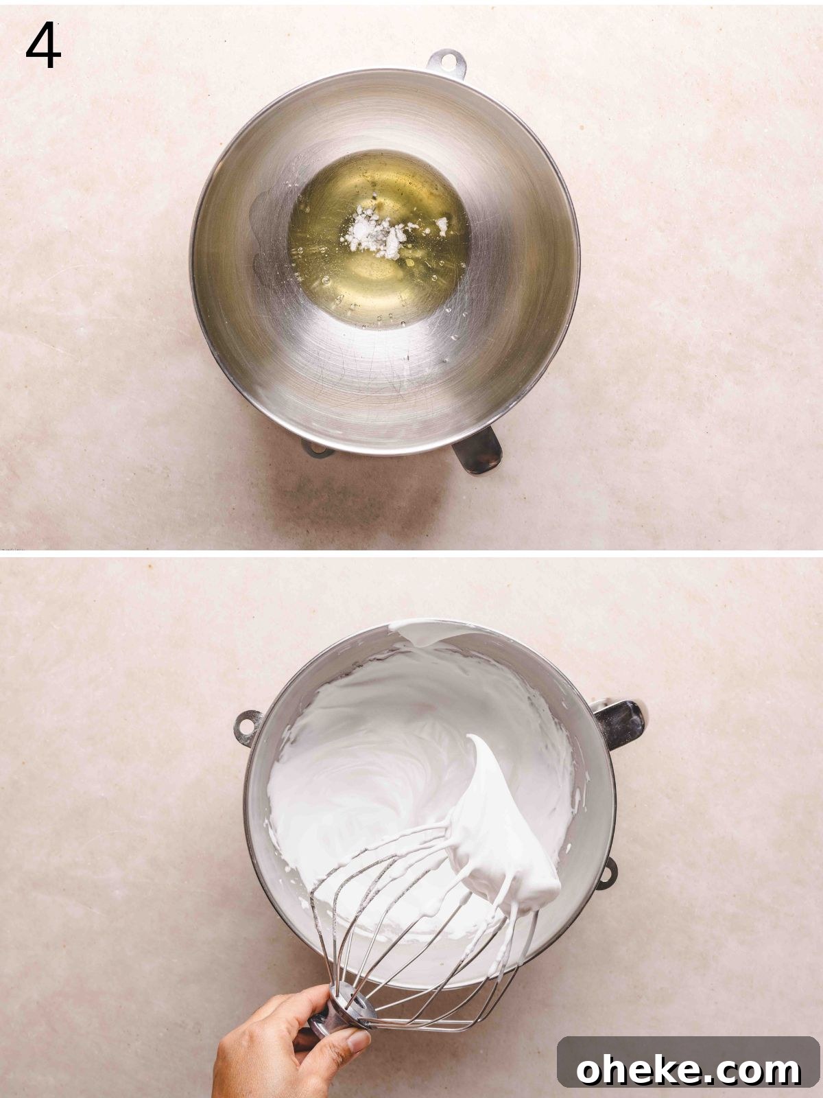 Whisking egg whites in a mixing bowl until stiff peaks.