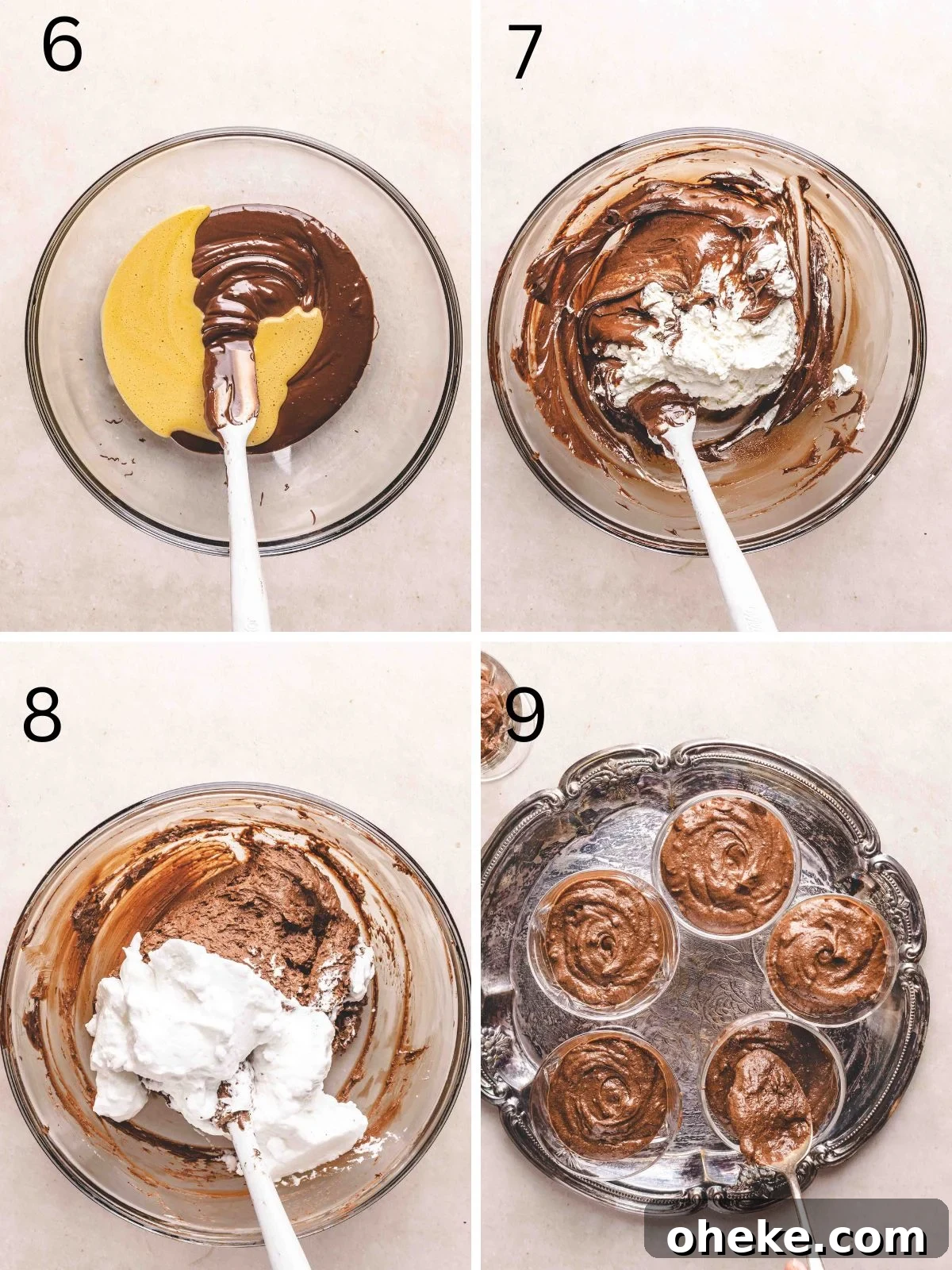 Combining the egg yolks, meringue, and whipped cream into the melted chocolate.