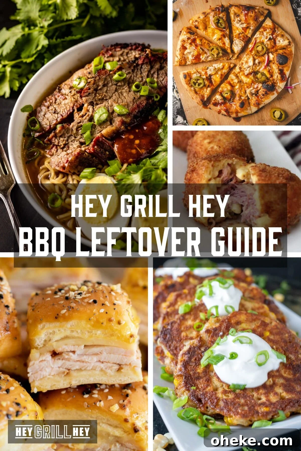 How to Store, Reheat, and Repurpose BBQ Leftovers 2 A collage of various BBQ leftovers recipes. The text overly reads "Hey Grill Hey BBQ Leftover Guide" at the top, and "Hey Grill Hey" at the bottom.