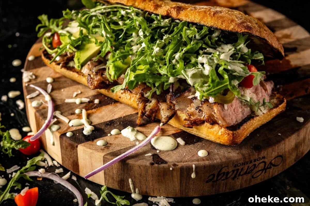 How to Store, Reheat, and Repurpose BBQ Leftovers 13 Steak sandwich with arugula and mayo on wooden platter.