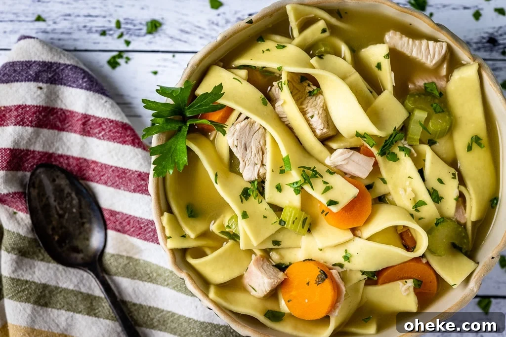 How to Store, Reheat, and Repurpose BBQ Leftovers 14 Turkey noodle soup in a serving bowl next to a napkin and spoon.