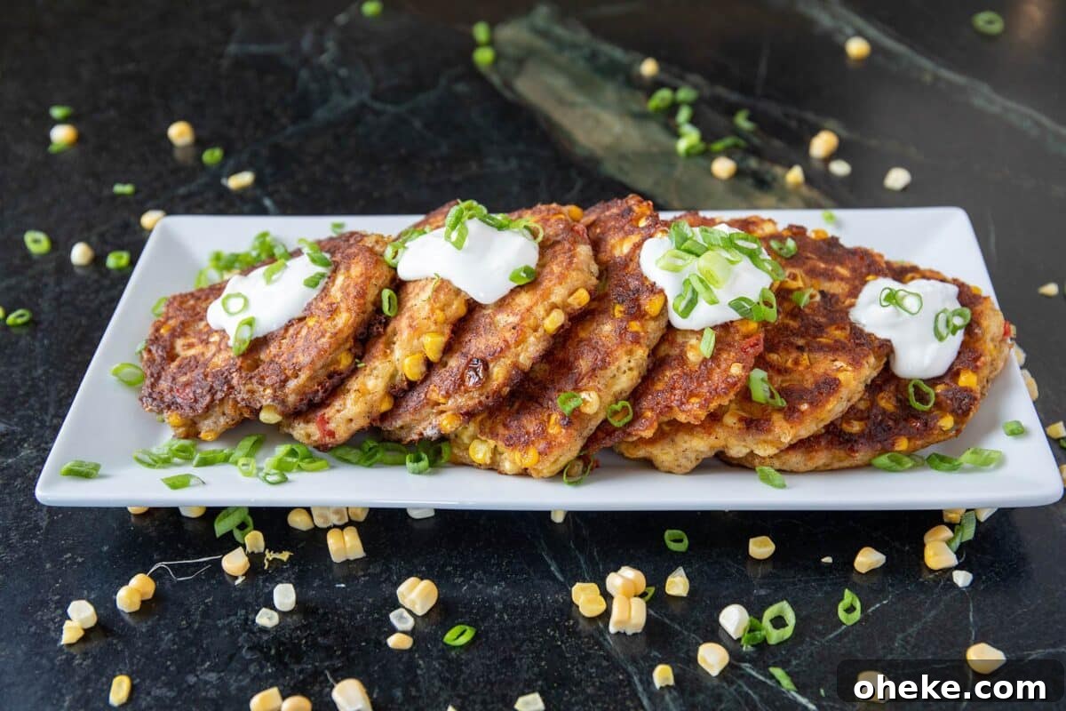 How to Store, Reheat, and Repurpose BBQ Leftovers 16 Fried corn fritters on white serving platter on countertio, sprinkled with corn and green onions.