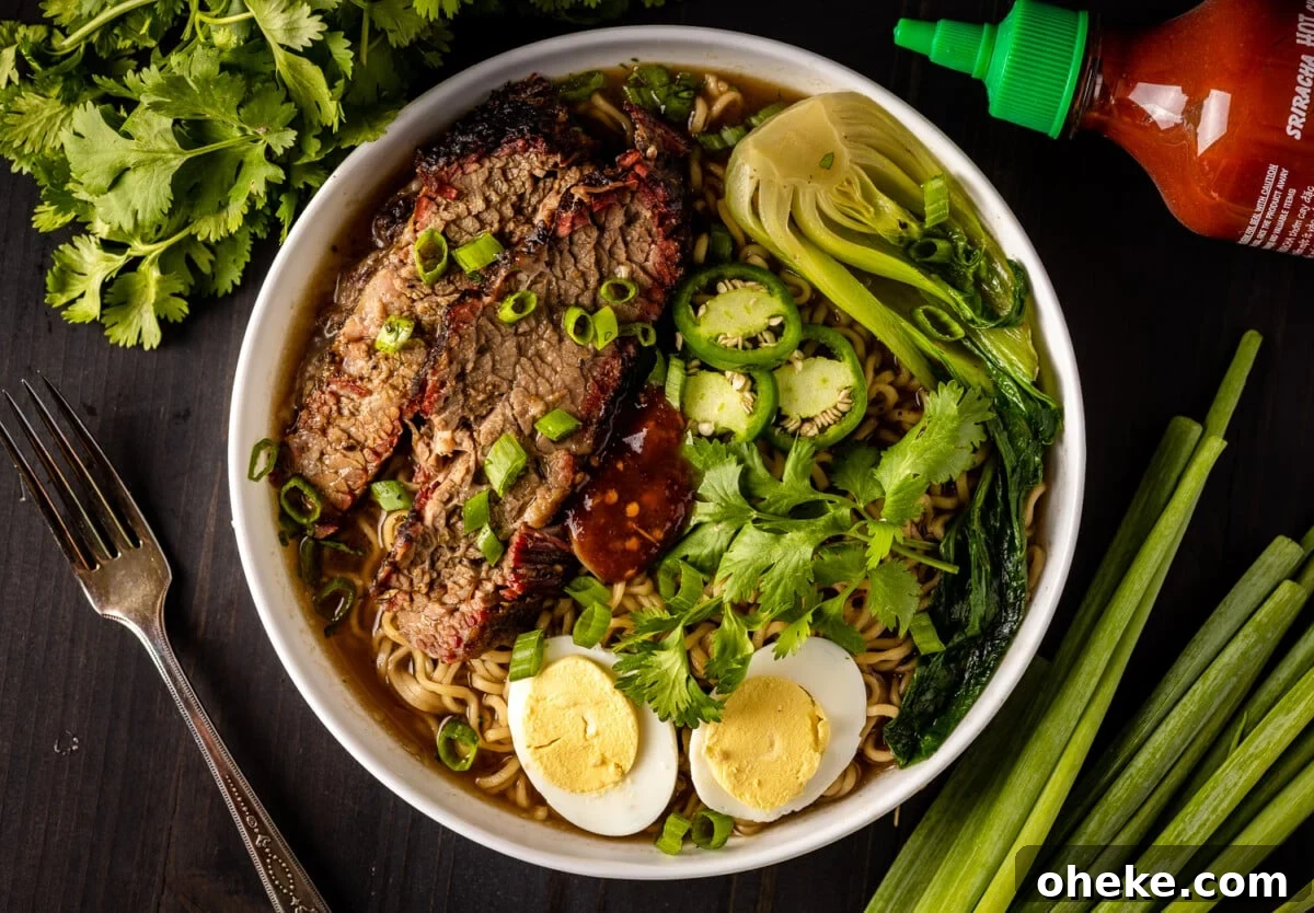 How to Store, Reheat, and Repurpose BBQ Leftovers 3 Smoked brisket, cilantro, eggs, and bok choy on top of ramen noodles.
