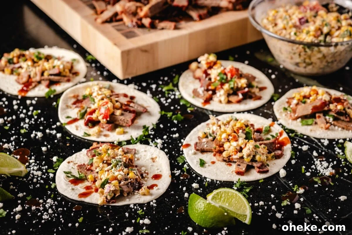 How to Store, Reheat, and Repurpose BBQ Leftovers 4 Spicy Sweet Brisket Tacos on a black surface sprinkled with Cotija cheese and garnished with lime wedges.