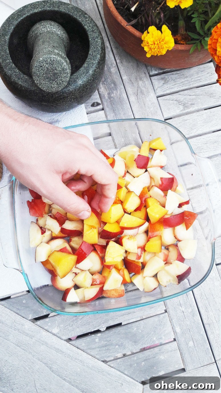 Peach nectarine mango crumble. Easy, healthy, dessert recipe that everyone will love - even kids who don't like fruit!