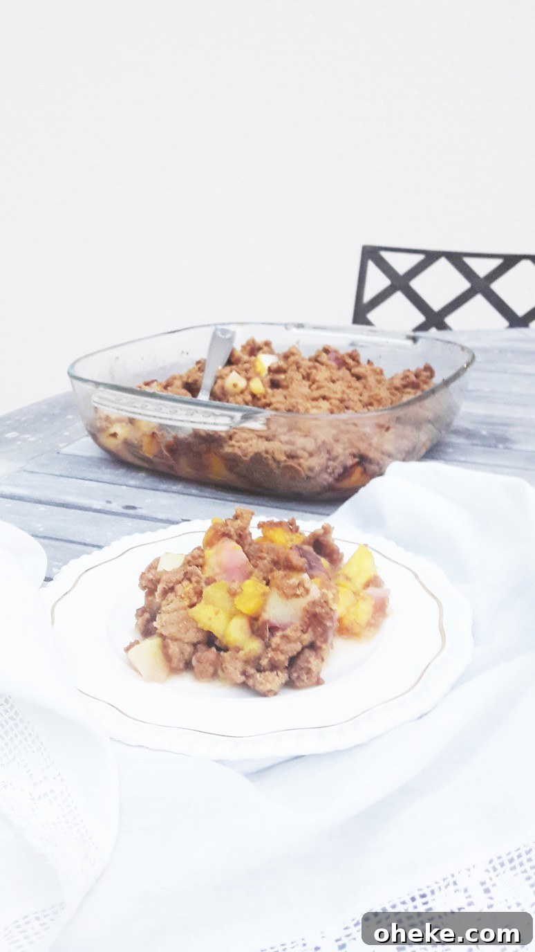 Peach nectarine mango crumble. Easy, healthy, dessert recipe that everyone will love - even kids who don't like fruit!