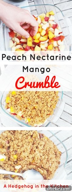 Peach nectarine mango crumble. Easy, healthy, dessert recipe that everyone will love - even kids who don't like fruit!