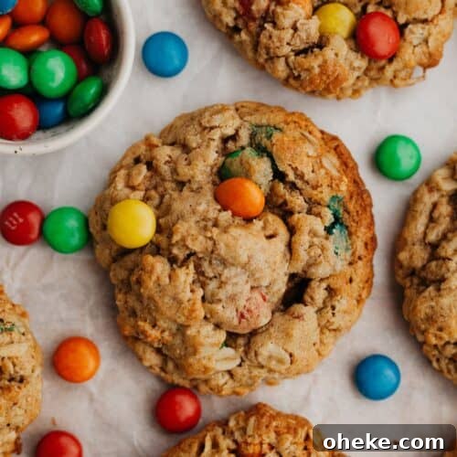 Oatmeal M&M cookies on parchment paper.
