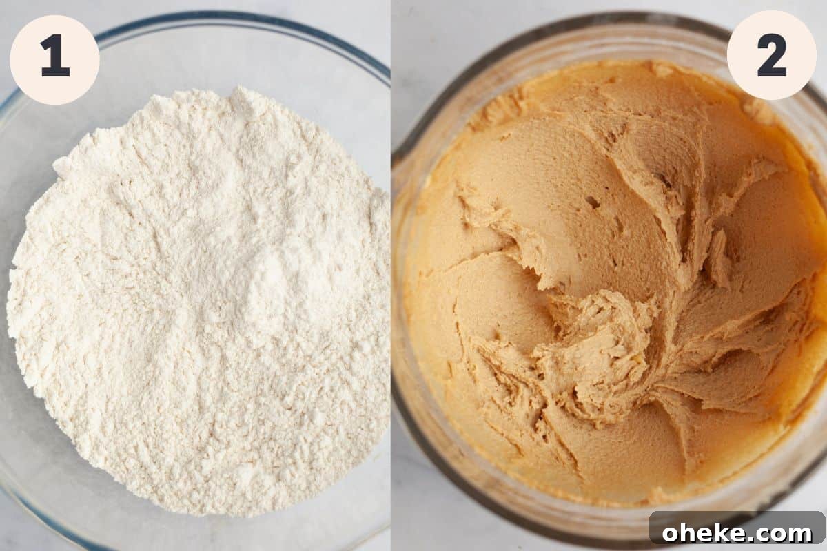 A glass bowl with flour in it and a large glass bowl with creamed butter, sugar and peanut butter.