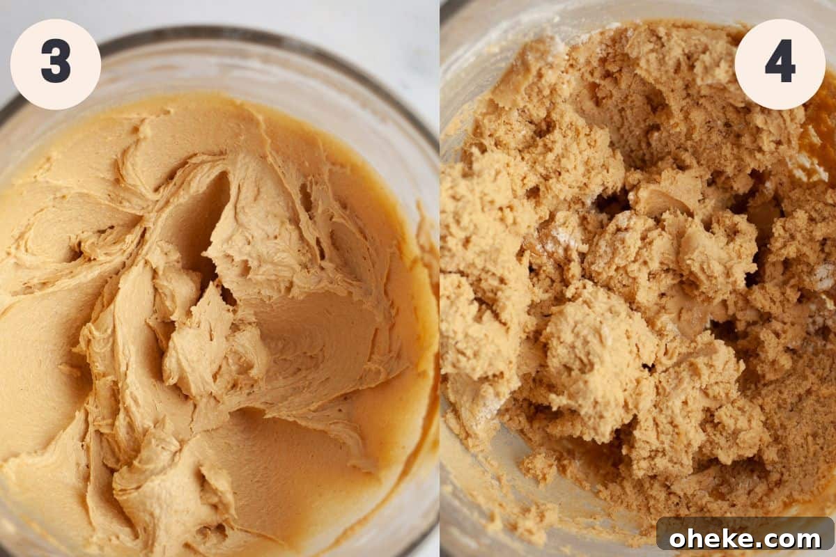 Steps 3 and 4, showing cookie dough in a large glass bowl.