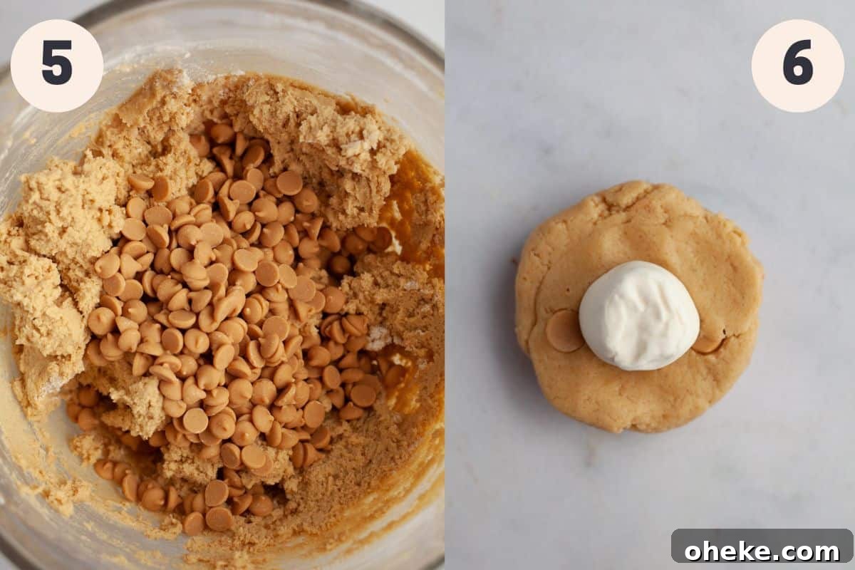 A glass bowl with cookie dough and peanut butter chips, then a piece of cookie dough flattened with a marshmallow.