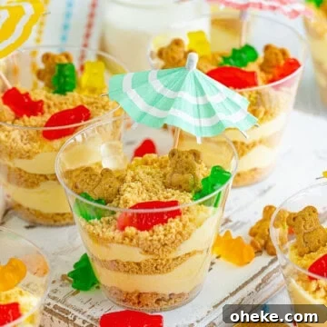 Chocolate Sand Pudding Cups Recipe for Kids' Parties 15 Easy sand pudding cups topped with gummi bears and a cocktail umbrella.