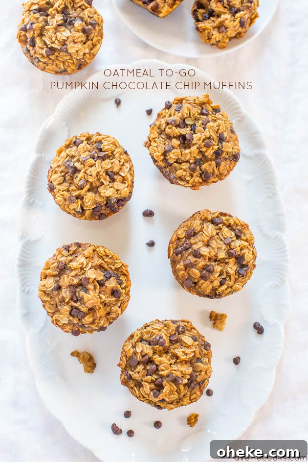 Oatmeal To-Go Pumpkin Chocolate Chip Muffins on a white platter. 