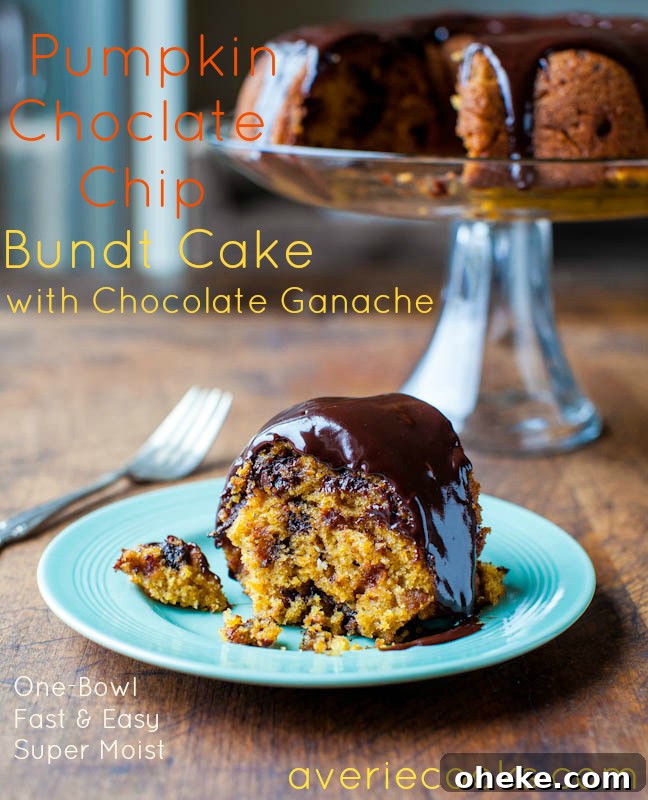 A slice of The Best Pumpkin Chocolate Chip Bundt Cake with Chocolate Ganache on a blue plate. 