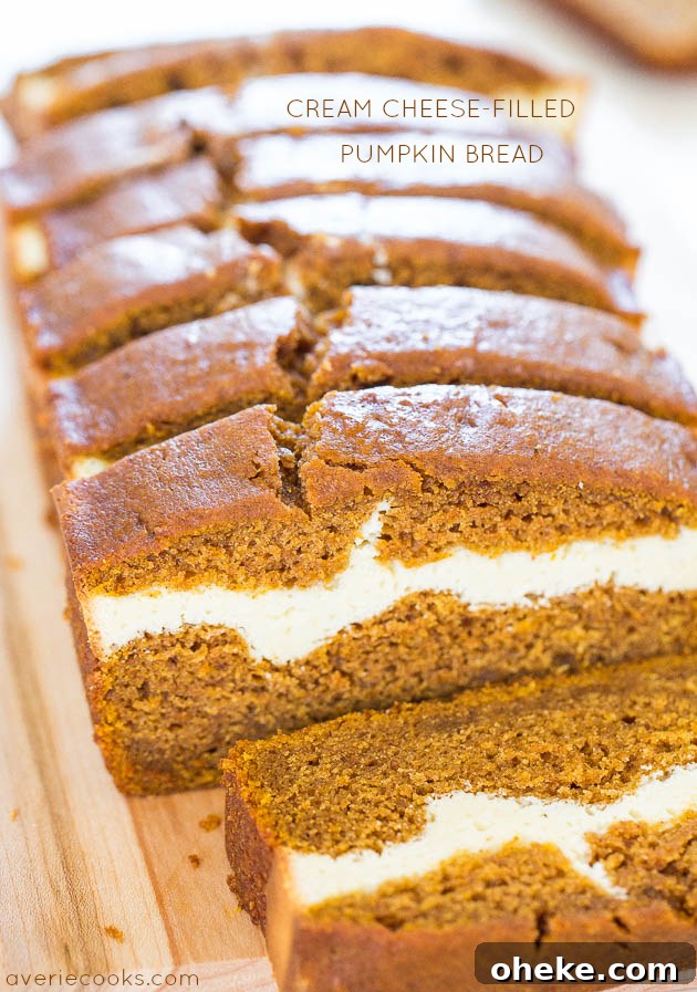 Cream Cheese-Filled Pumpkin Bread sliced into pieces. 