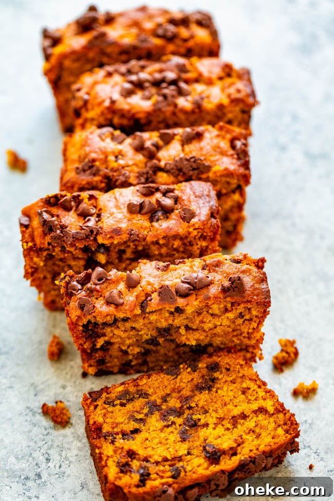 sliced Mini Pumpkin Chocolate Chip Bread loaf. 