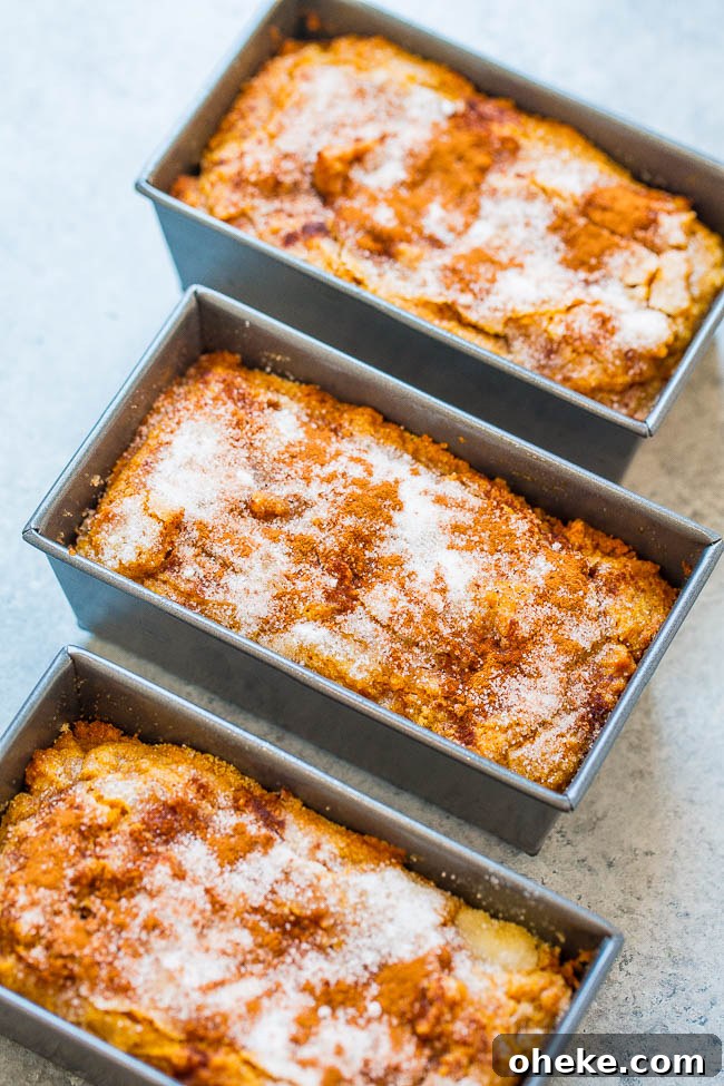 Three Cinnamon Sugar Pumpkin Bread loaves. 
