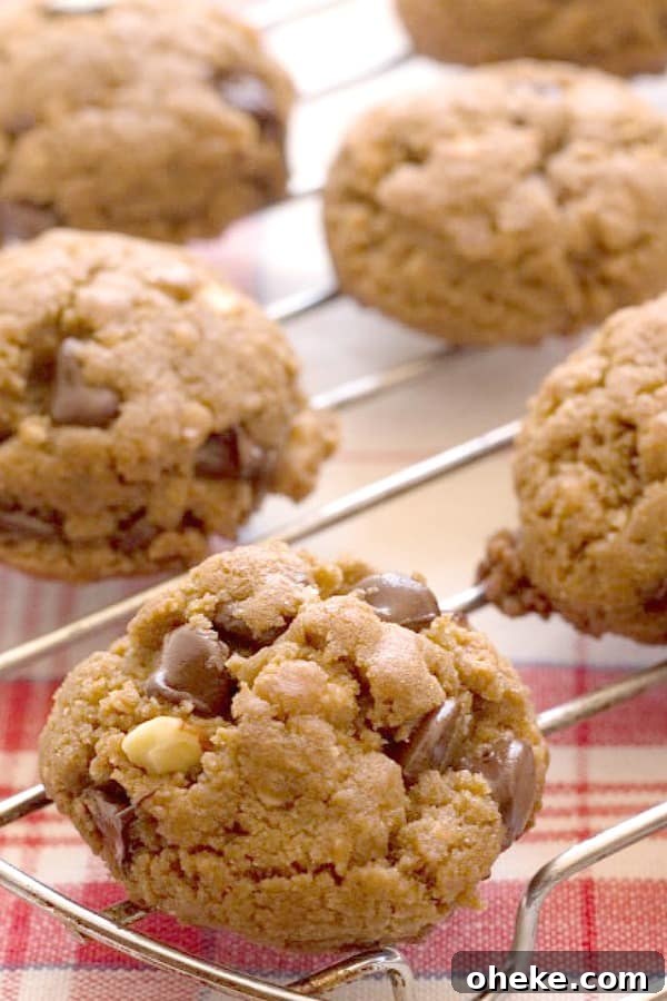 Peanut Butter Chocolate Granola Cookies - 5-ingredient flourless cookies that are packed with protein! No fancy techniques needed. Peanut Butter Chocolate Granola Cookies on cooling rack.