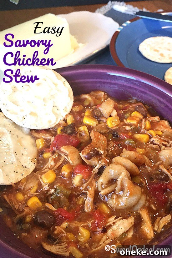 Easy Savory Chicken Stew for chilly nights in a hurry. Bowl of stew with chicken, black beans, corn, and curly pasta.