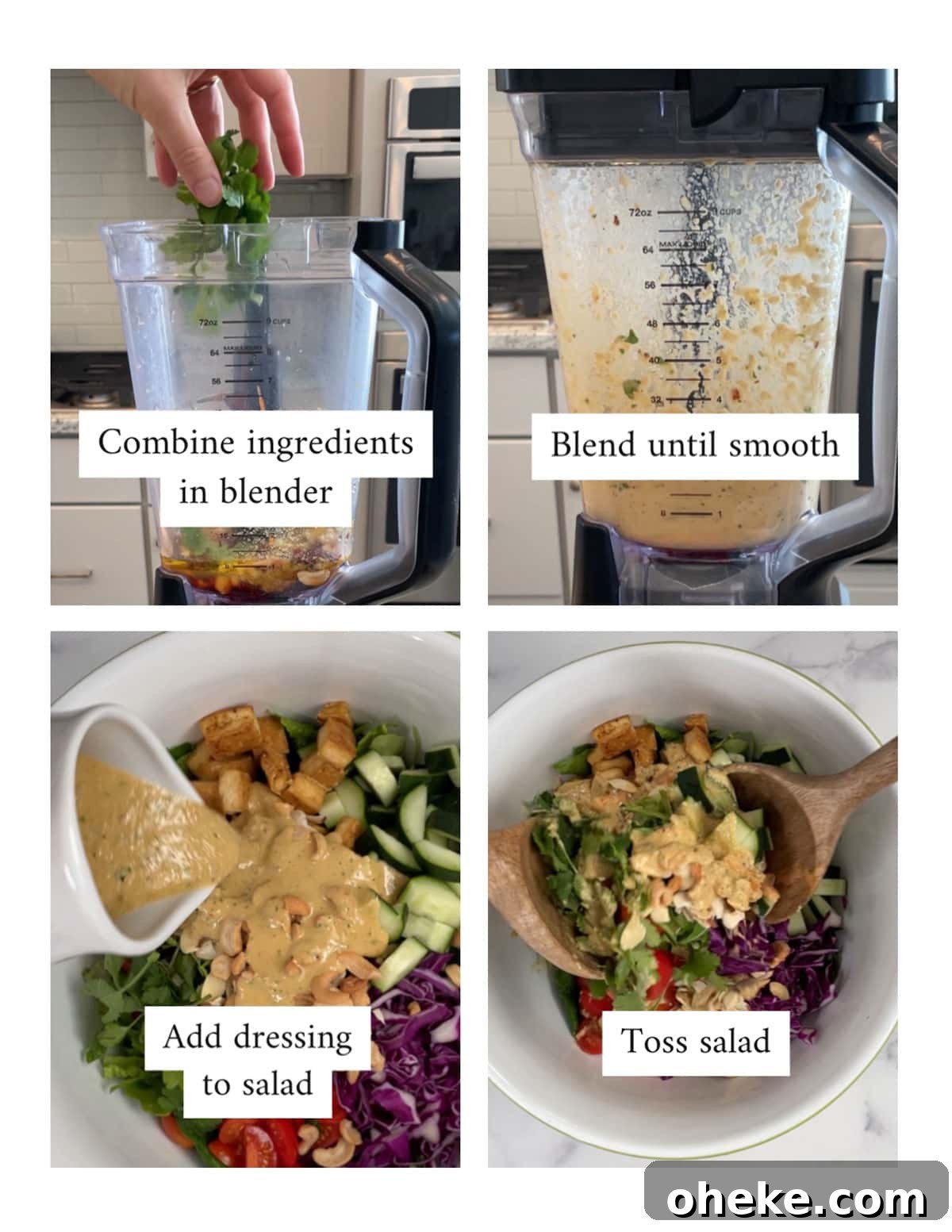 Four-step images: combine ingredients in blender, blend until smooth, add dressing to salad, toss salad.
