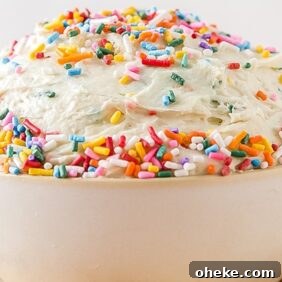 bowl of funfetti cake dip with rainbow sprinkles