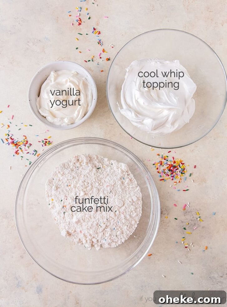 funfetti cake dip ingredients in bowls labeled with text
