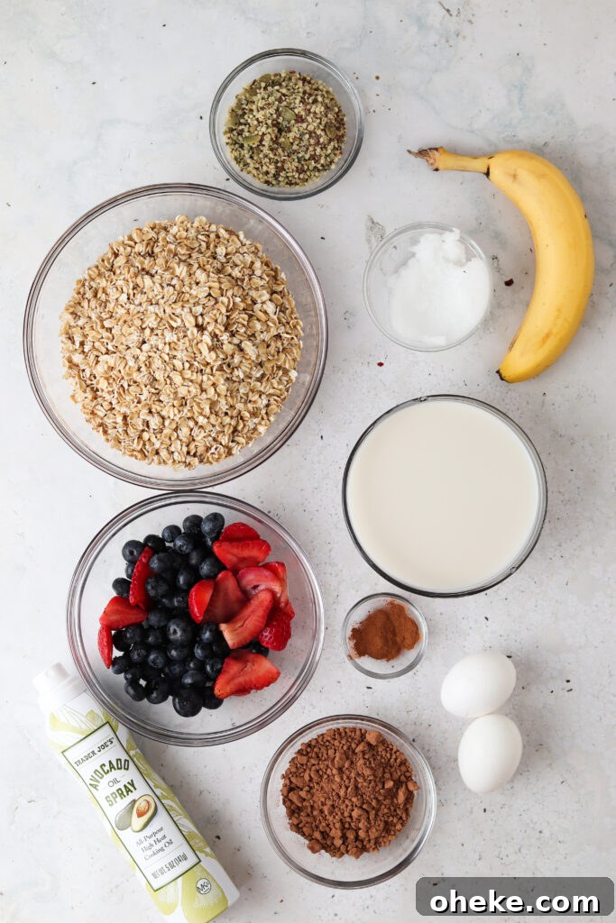 Gluten-Free Dairy-Free Chocolate Baked Oats Recipe 3 chocolate oat ingredients laid out