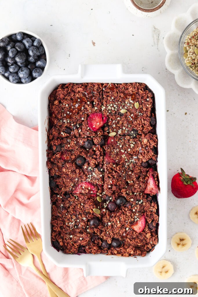 Gluten-Free Dairy-Free Chocolate Baked Oats Recipe 6 overhead shot of a chocolate oat bake